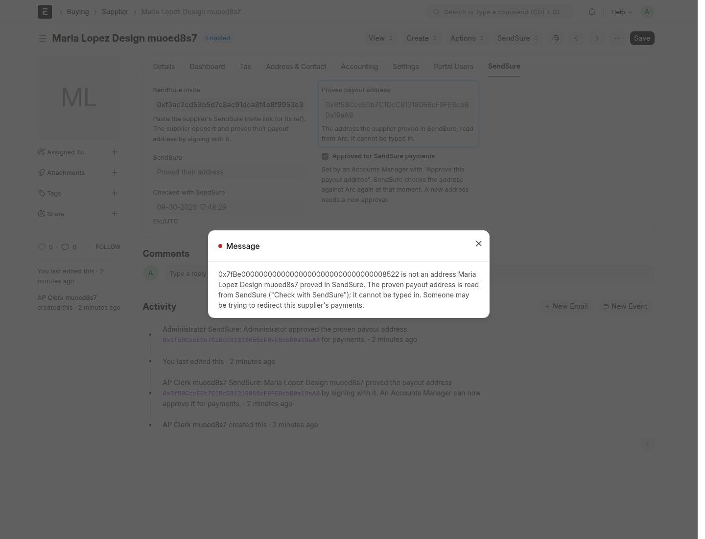 An ERPNext supplier: the proven payout address is read from SendSure and cannot be typed in